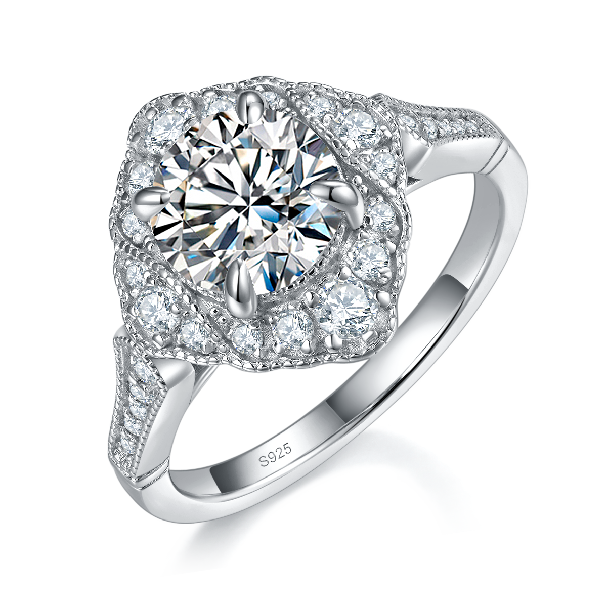 轻奢方包圆钻女戒S925银镀白金定制选款主石莫桑钻1.5ct/副石高碳钻