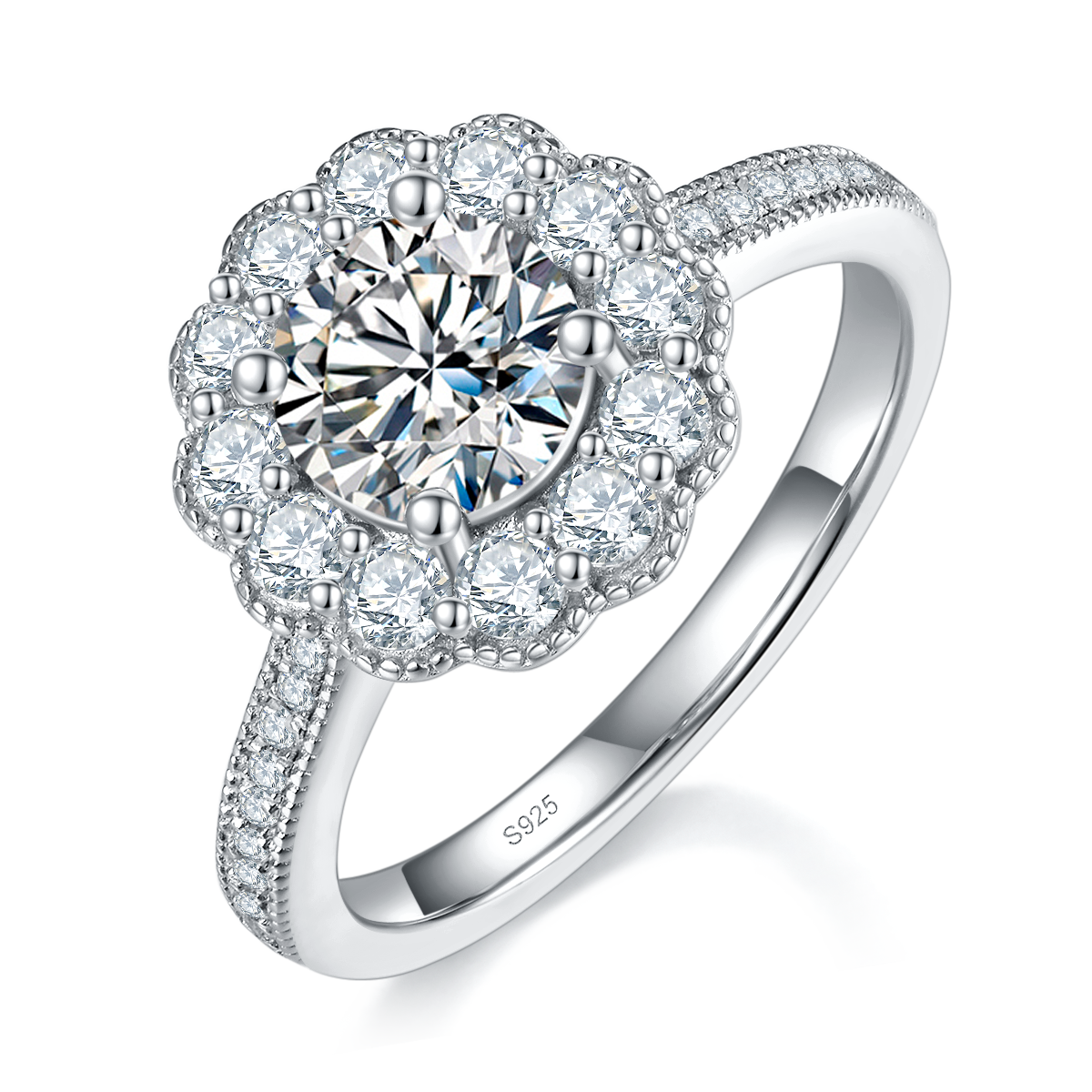 Light Luxury Sunflower Women's Ring S925 Silver Plated Platinum Customized Selection Main Stone Moissanite 1.0ct/Side Stone Cubic Zirconia