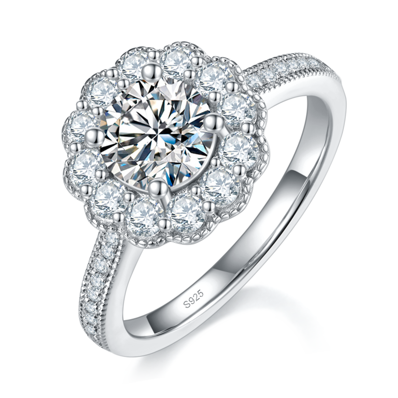 Affordable Luxury太阳花Women's RingS925银镀白金定制选款主石Moissanite1.0ct/副石高碳钻