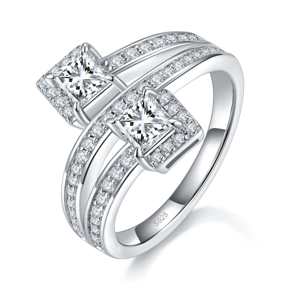 扭臂双主石公主方钻女戒S925银镀白金定制选款主石莫桑钻0.8ct/副石高碳钻
