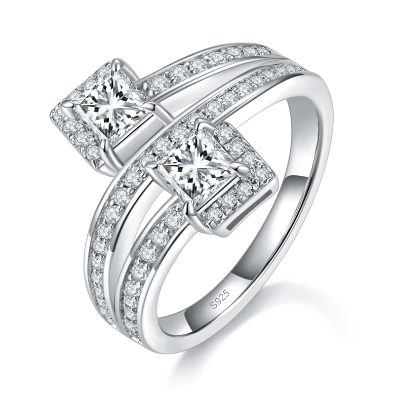 扭臂双主石公主方钻女戒S925银镀白金定制选款主石莫桑钻0.8ct/副石高碳钻