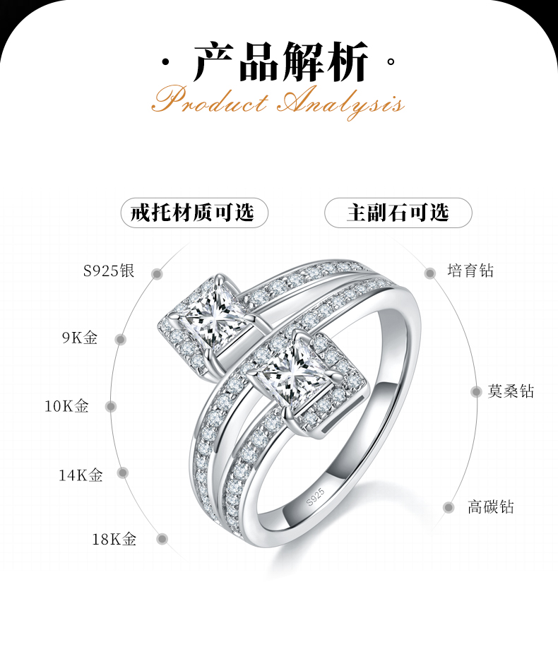扭臂双主石公主方钻女戒S925银镀白金定制选款主石莫桑钻0.8ct/副石高碳钻 - 2