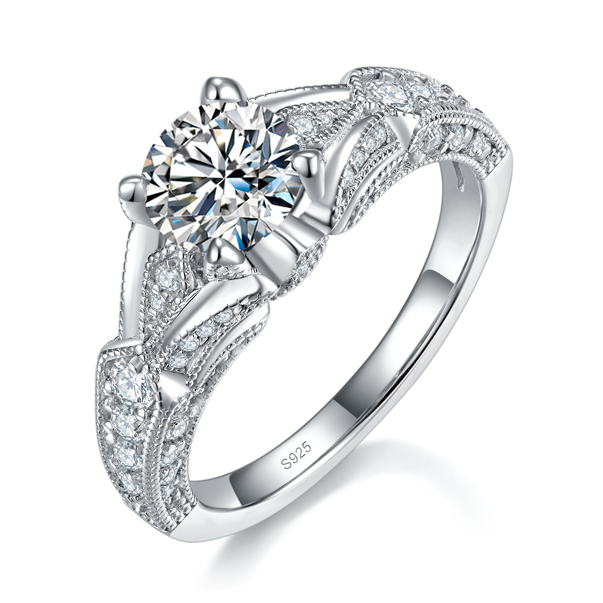 Light Luxury Full Diamond Four Claw Women's Ring S925 Silver Plated Platinum Customized Selection Main Stone Moissanite 1.0ct/Side Stone Cubic Zirconia
