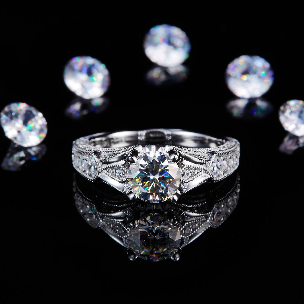 Light Luxury Full Diamond Four Claw Women's Ring S925 Silver Plated Platinum Customized Selection Main Stone Moissanite 1.0ct/Side Stone Cubic Zirconia