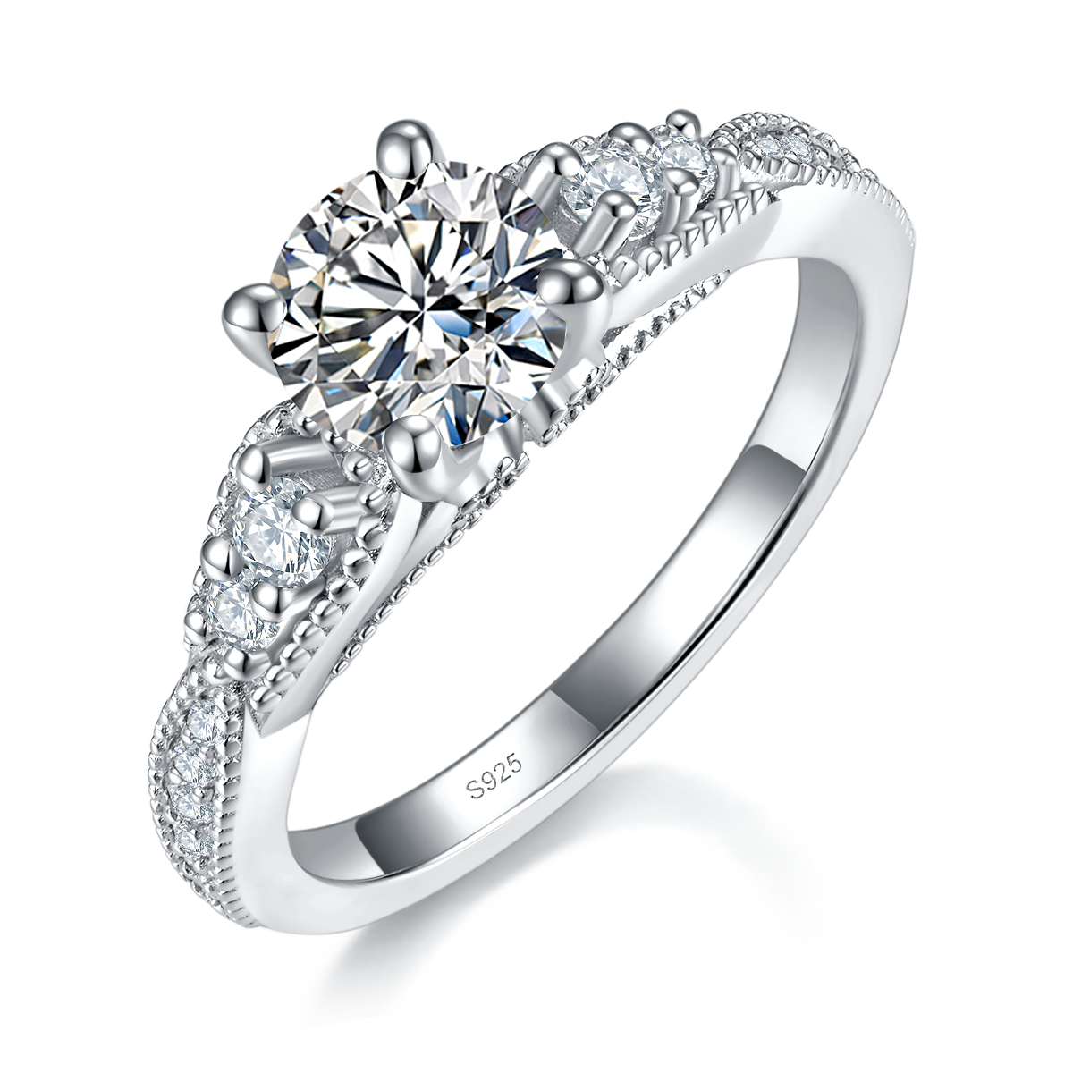 Fashion Four Claw Women's Ring S925 Silver Plated Platinum Customized Selection Main Stone Moissanite 1.0ct/Side Stone Cubic Zirconia