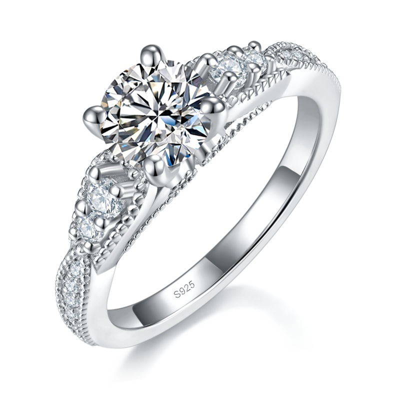 Fashion四爪Women's RingS925银镀白金定制选款主石Moissanite1.0ct/副石高碳钻