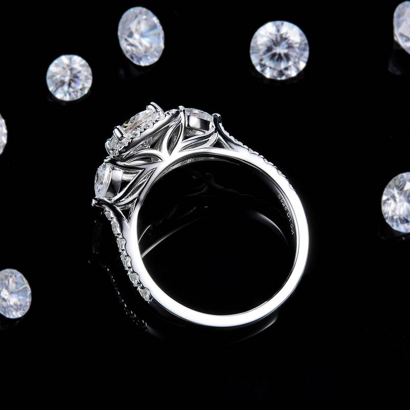 三石款方包圆钻Women's RingS925银镀白金定制选款主石Moissanite1.0ct/副石高碳钻