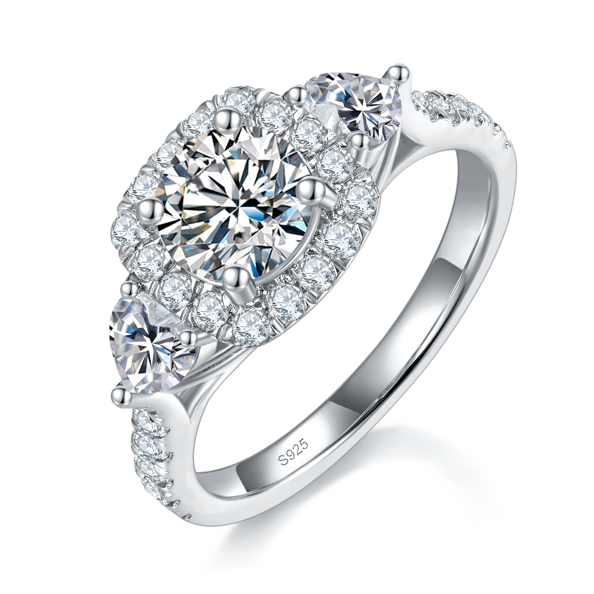 三石款方包圆钻女戒S925银镀白金定制选款主石莫桑钻1.0ct/副石高碳钻