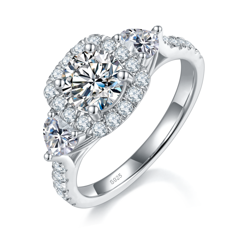 三石款方包圆钻Women's RingS925银镀白金定制选款主石Moissanite1.0ct/副石高碳钻