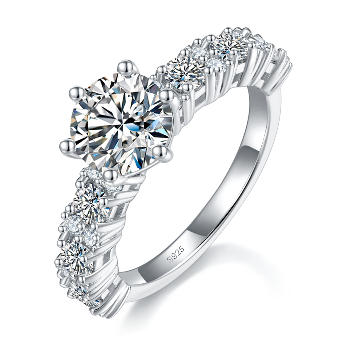 Full Diamond Six Claw Women's Ring S925 Silver Plated Platinum Customized Selection Main Stone Moissanite 1.5ct/Side Stone Cubic Zirconia