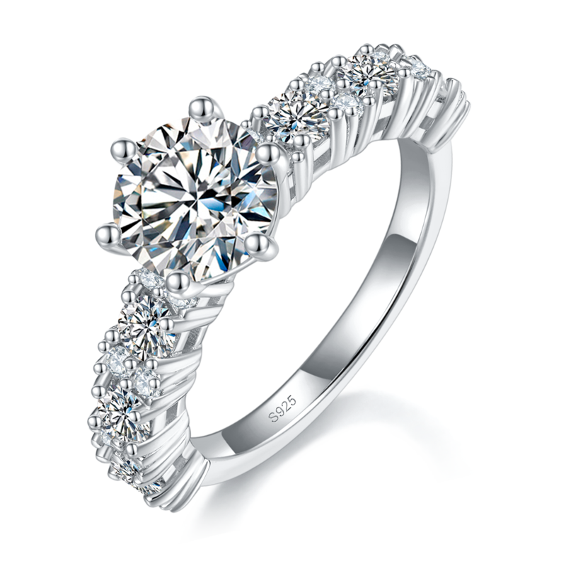 满钻六爪Women's RingS925银镀白金定制选款主石Moissanite1.5ct/副石高碳钻