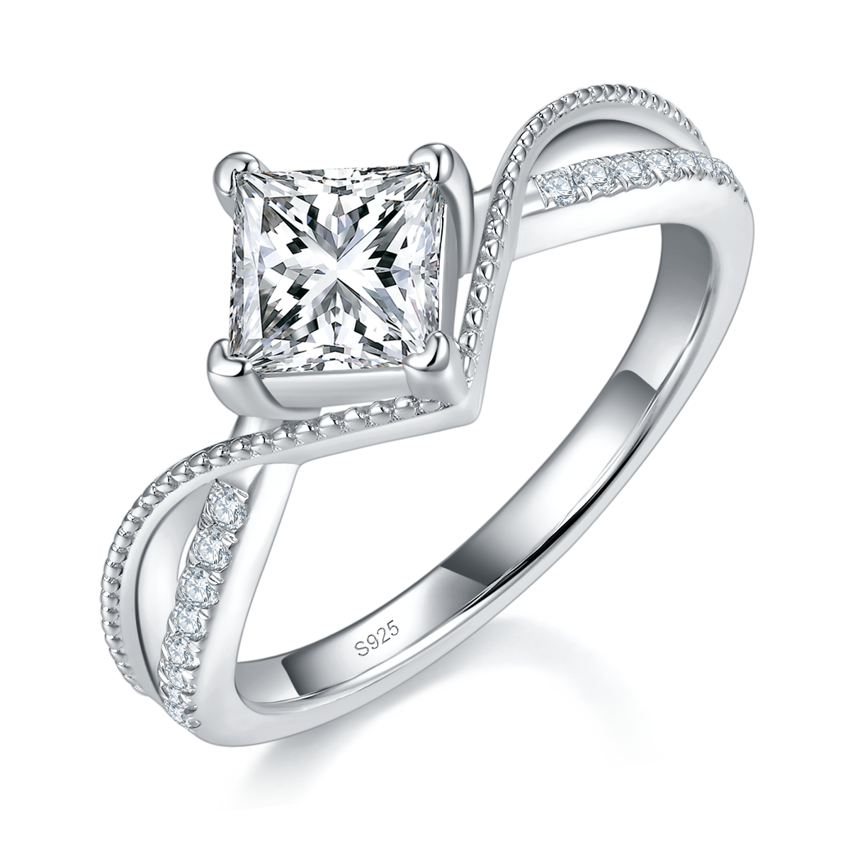 Twisted arm square diamond women's ring S925 silver plated platinum custom selection main stone Moissanite 1.0ct/Side Stone Cubic Zirconia
