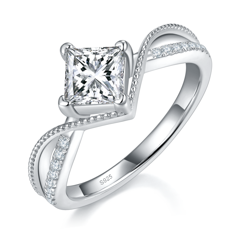 扭臂方钻Women's RingS925银镀白金定制选款主石Moissanite1.0ct/副石高碳钻