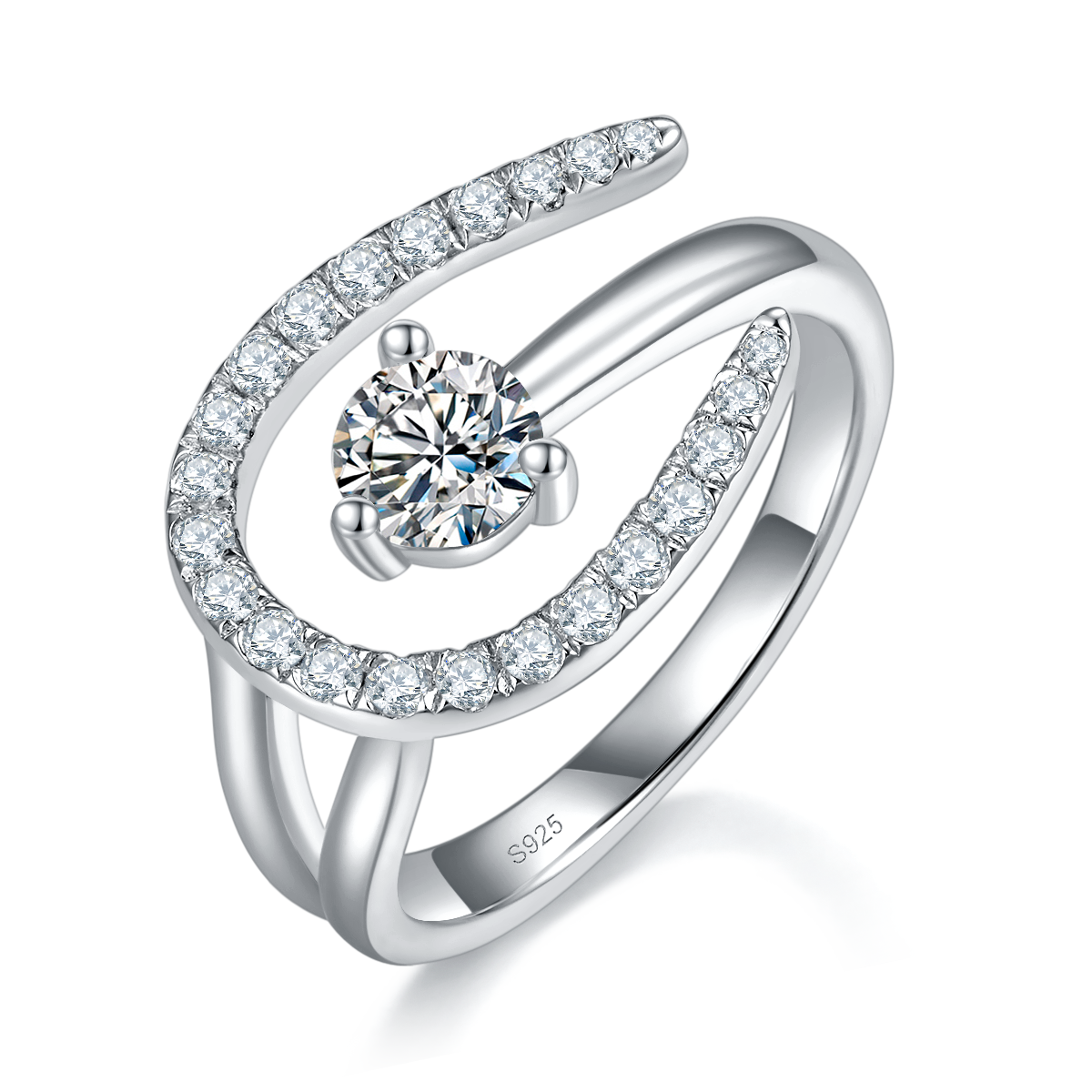 C形女戒S925银镀白金定制选款主石莫桑钻0.5ct/副石高碳钻