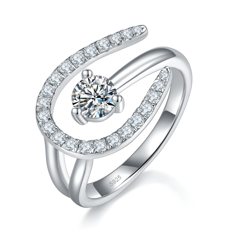 C形女戒S925银镀白金定制选款主石莫桑钻0.5ct/副石高碳钻