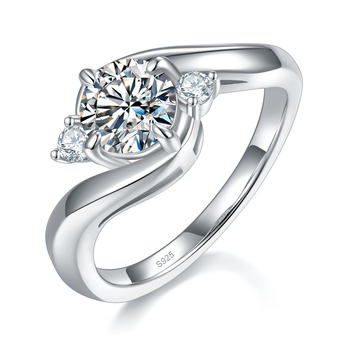 扭臂女戒S925银镀白金定制选款主石莫桑钻1.0ct/副石高碳钻