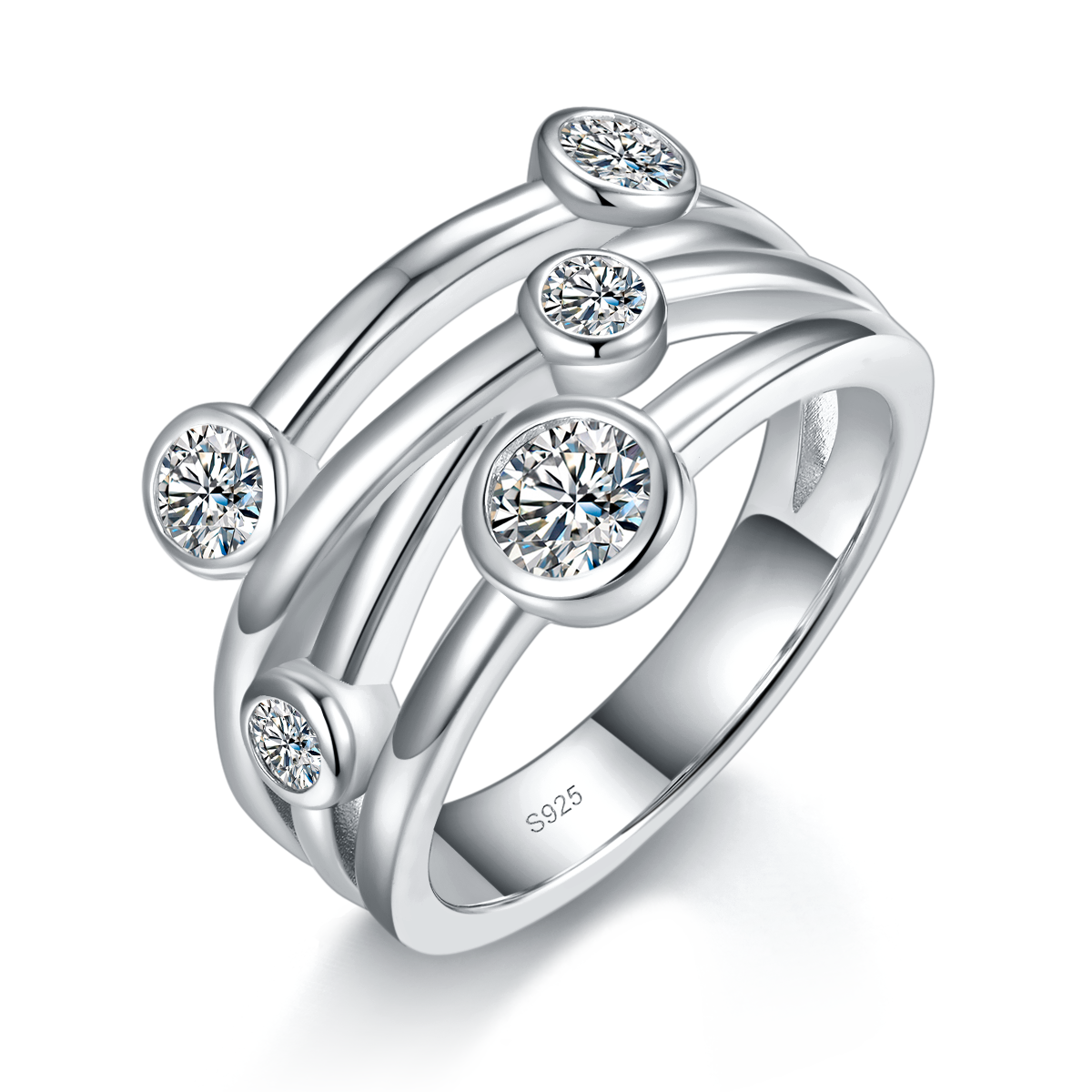 简约水泡排戒S925银镀白金定制选款副石莫桑钻0.87ct