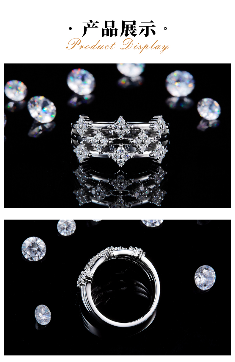 时尚款排戒S925银镀白金定制选款副石莫桑钻0.48ct - 3
