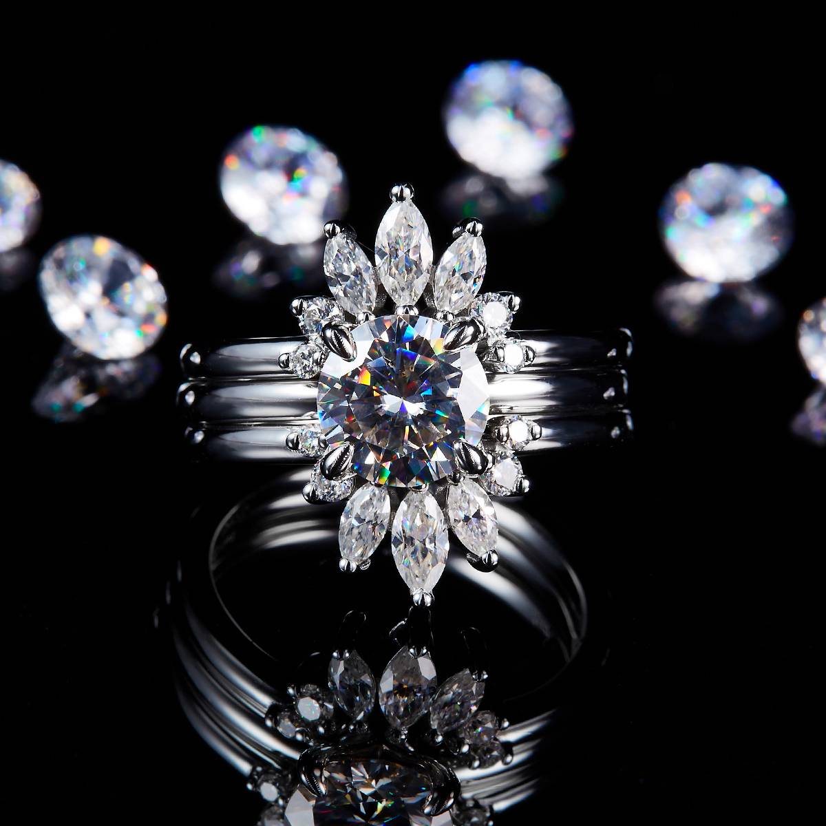 四爪主副戒S925银镀白金定制选款主副石莫桑钻1.5ct