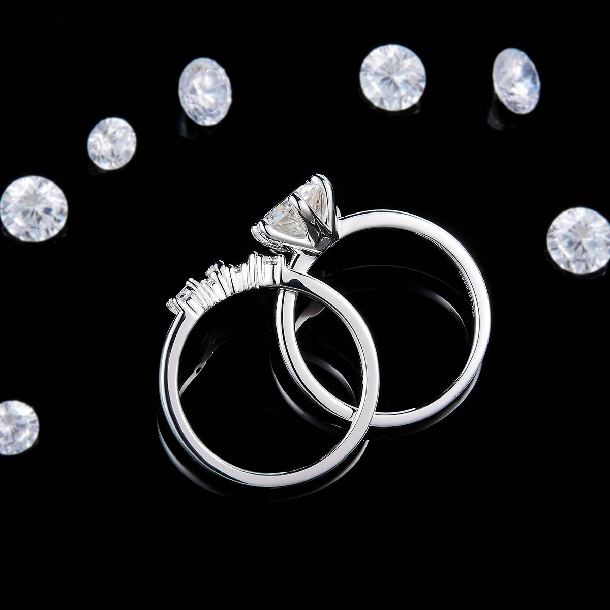 Four Claw Primary and Secondary Rings S925 Silver Plated Platinum Customized Selection Main Side Stone Moissanite 1.5ct