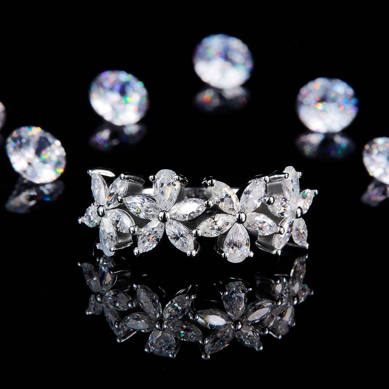 异形钻花瓣排戒S925银镀白金定制选款副石Moissanite2.4ct