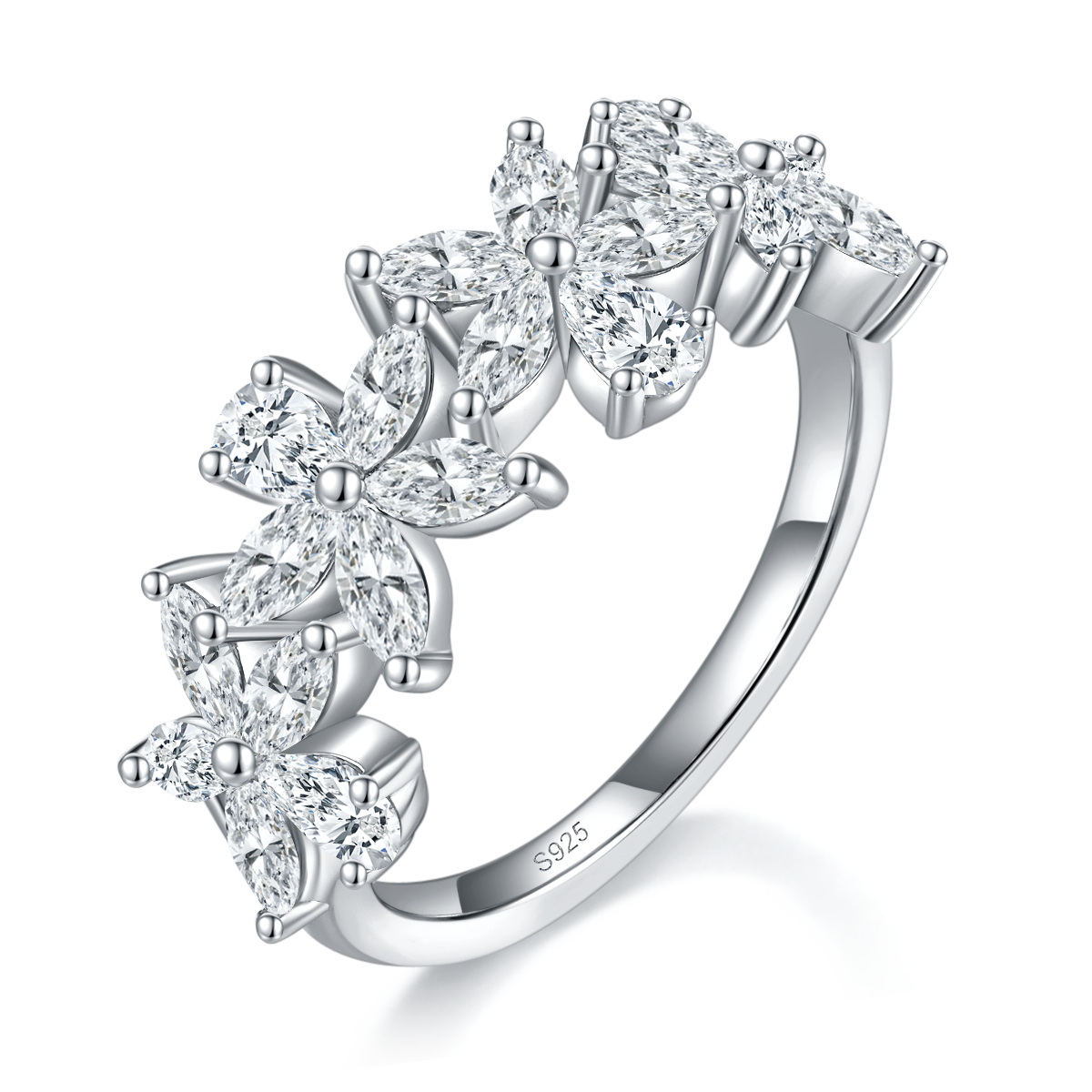 异形钻花瓣排戒S925银镀白金定制选款副石莫桑钻2.4ct