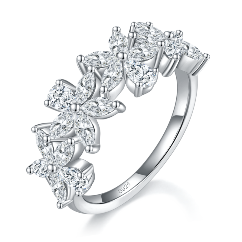 异形钻花瓣排戒S925银镀白金定制选款副石Moissanite2.4ct