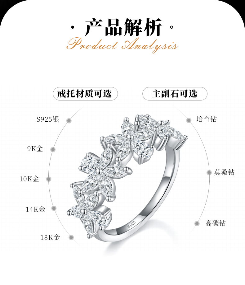 异形钻花瓣排戒S925银镀白金定制选款副石莫桑钻2.4ct - 2