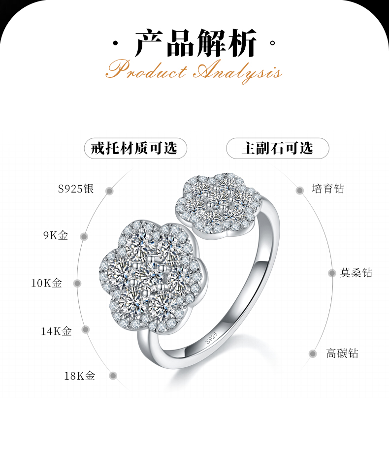 开口碎钻女戒S925银镀白金定制选款副石莫桑钻1.672ct - 2