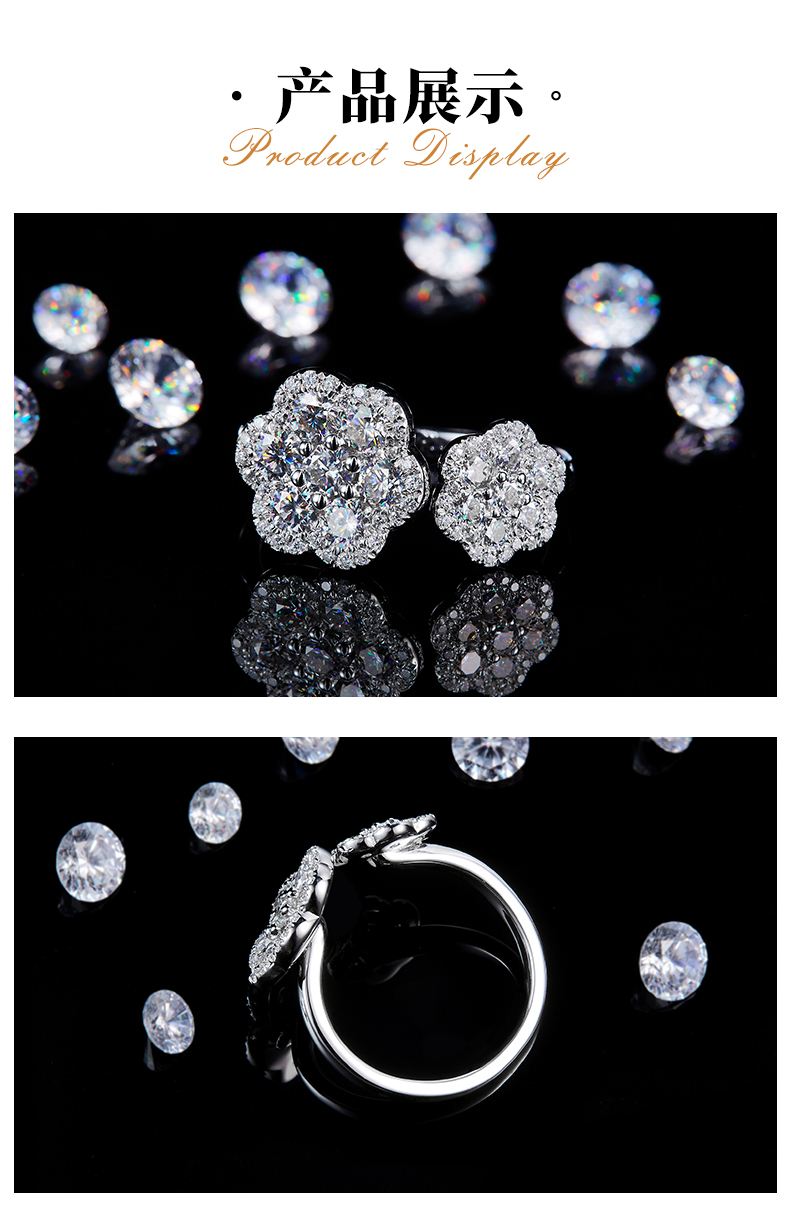 开口碎钻女戒S925银镀白金定制选款副石莫桑钻1.672ct - 3