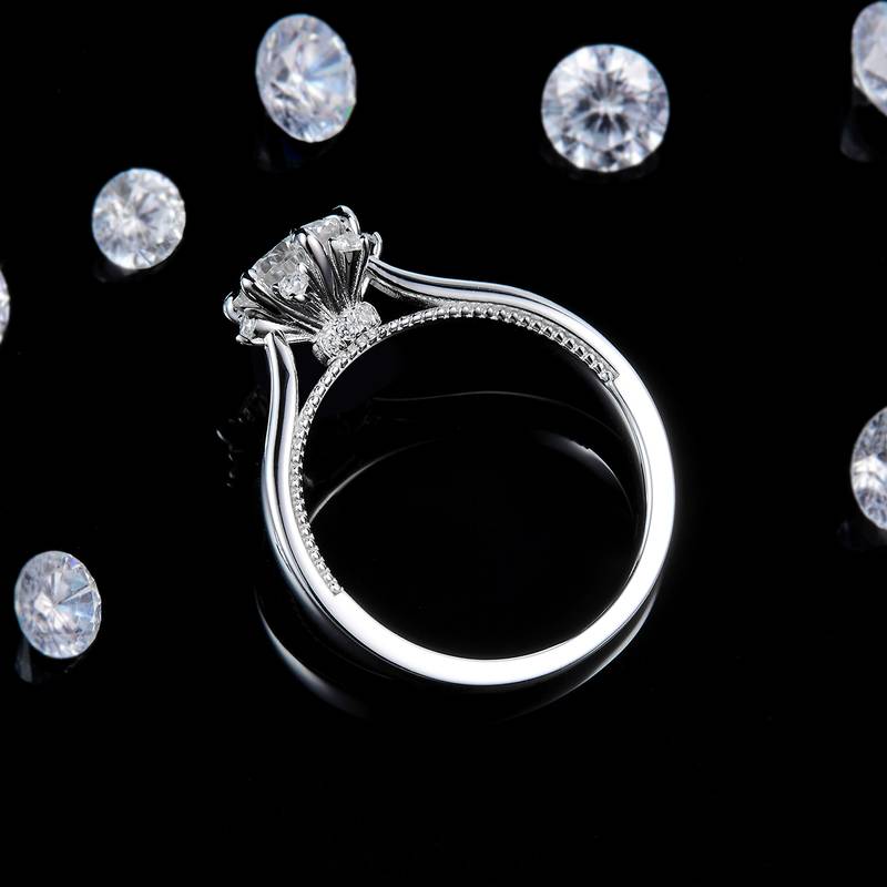 星辰花六爪圆钻Women's RingS925银镀白金定制选款主石Moissanite1.0ct/副石高碳钻