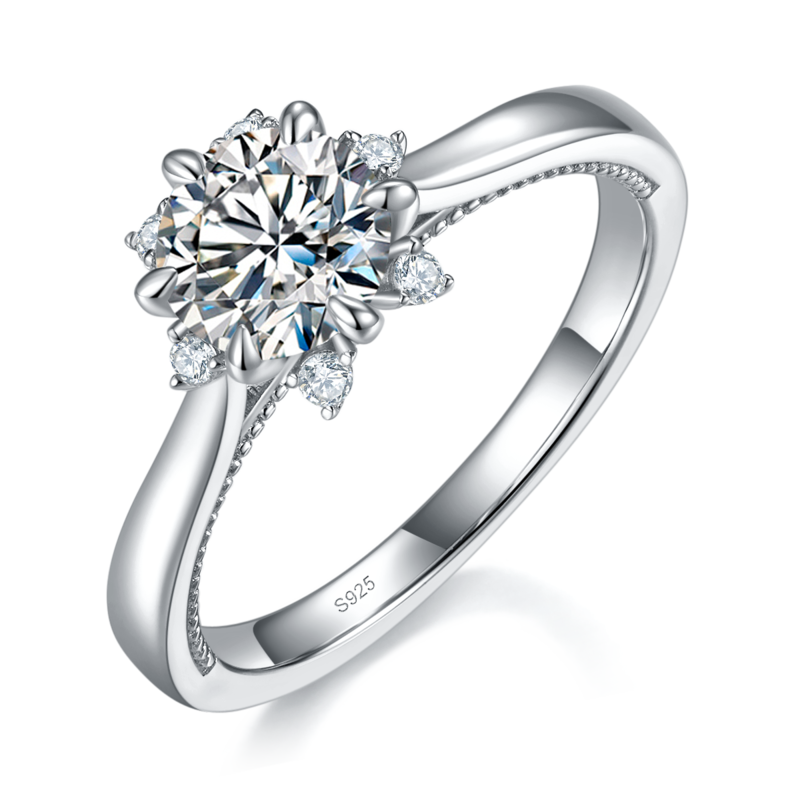 星辰花六爪圆钻Women's RingS925银镀白金定制选款主石Moissanite1.0ct/副石高碳钻