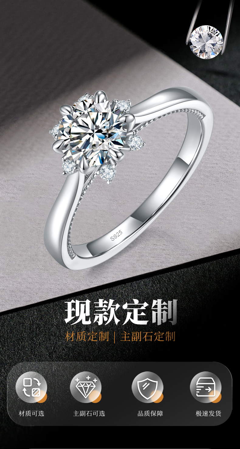 星辰花六爪圆钻女戒S925银镀白金定制选款主石莫桑钻1.0ct/副石高碳钻 - 1