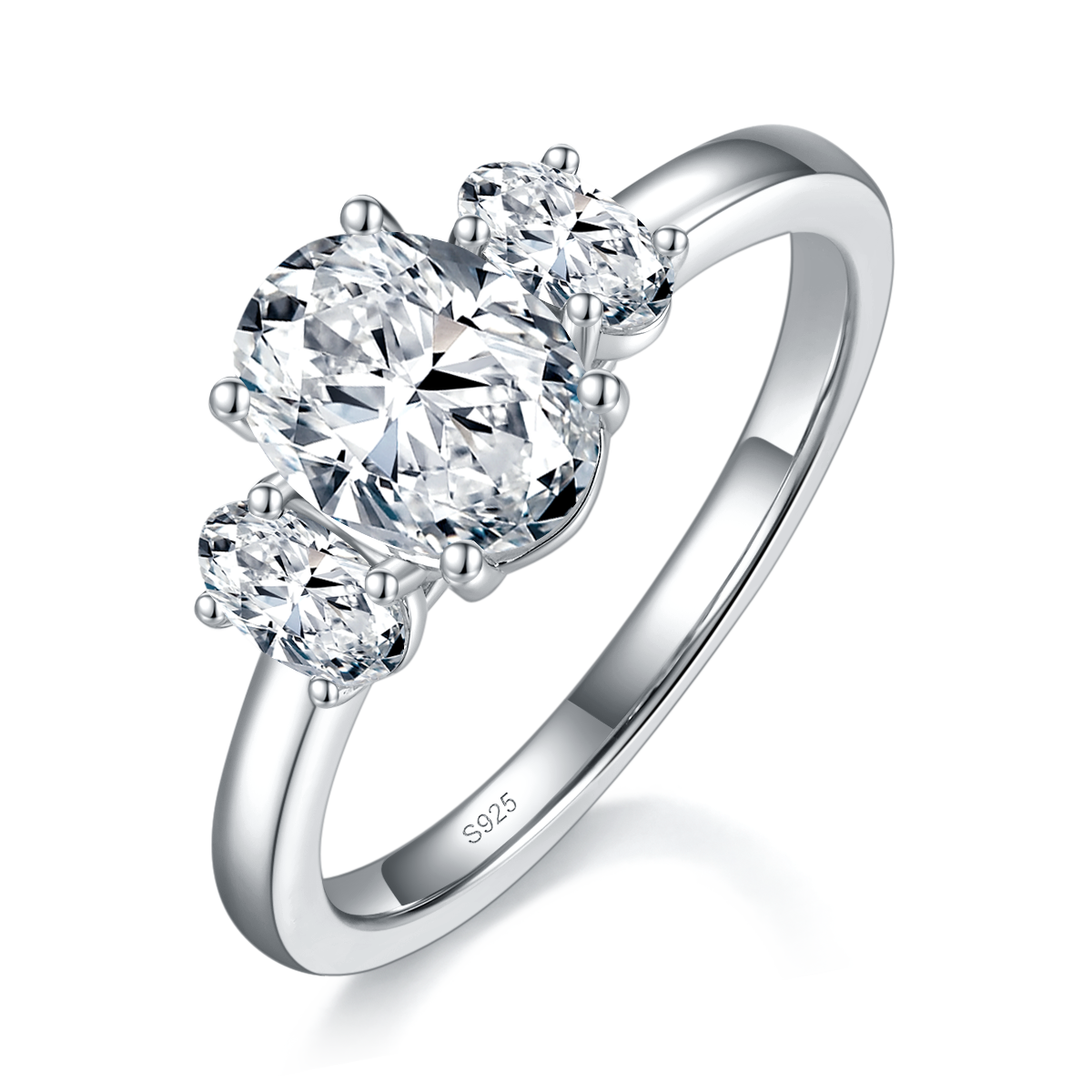 Light Arm Three Stone Oval Women's Ring S925 Silver Plated Platinum Customized Selection Main Stone Moissanite 1.5ct/Side Stone Cubic Zirconia