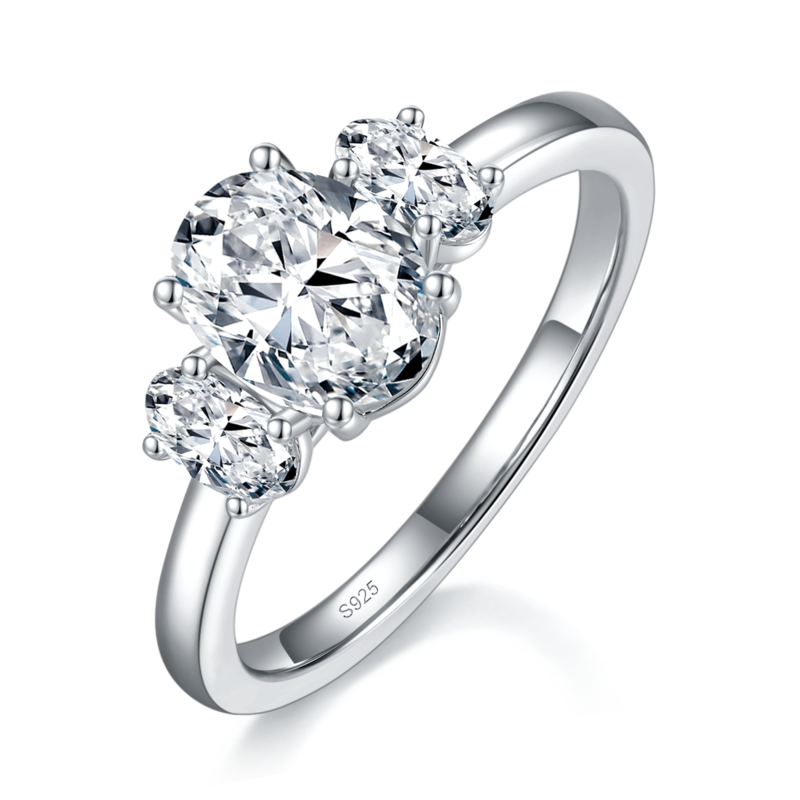 光臂三石款蛋形女戒S925银镀白金定制选款主石莫桑钻1.5ct/副石高碳钻