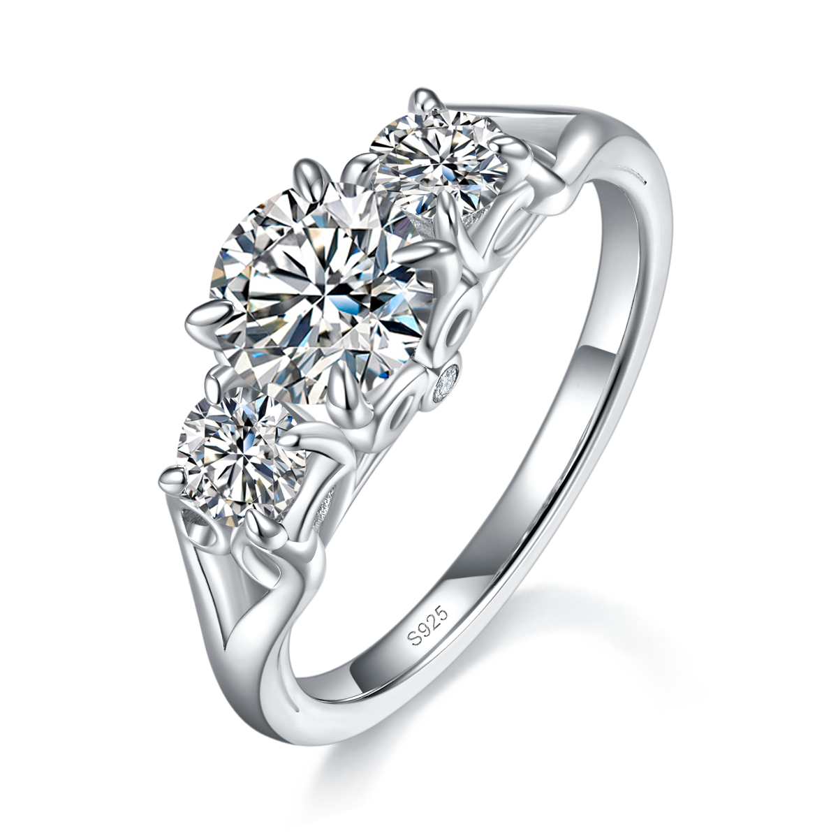 Barearm Three Stone Four Claw Round Diamond S925 Silver Plated Platinum Customized Selection Main Stone Moissanite 1.0ct/Side Stone Cubic Zirconia