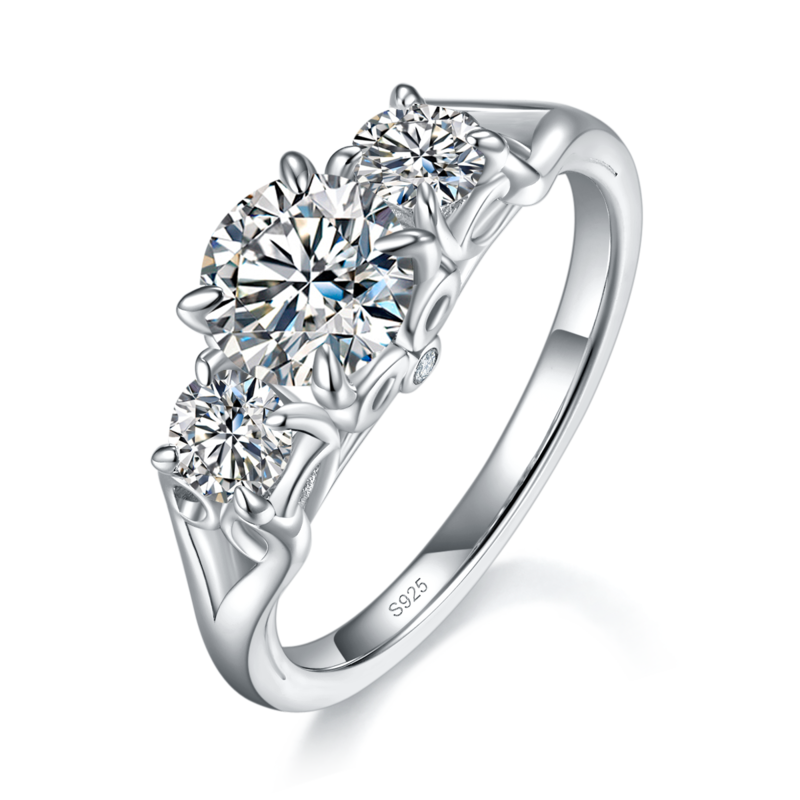 光臂三石款四爪圆钻S925银镀白金定制选款主石Moissanite1.0ct/副石高碳钻