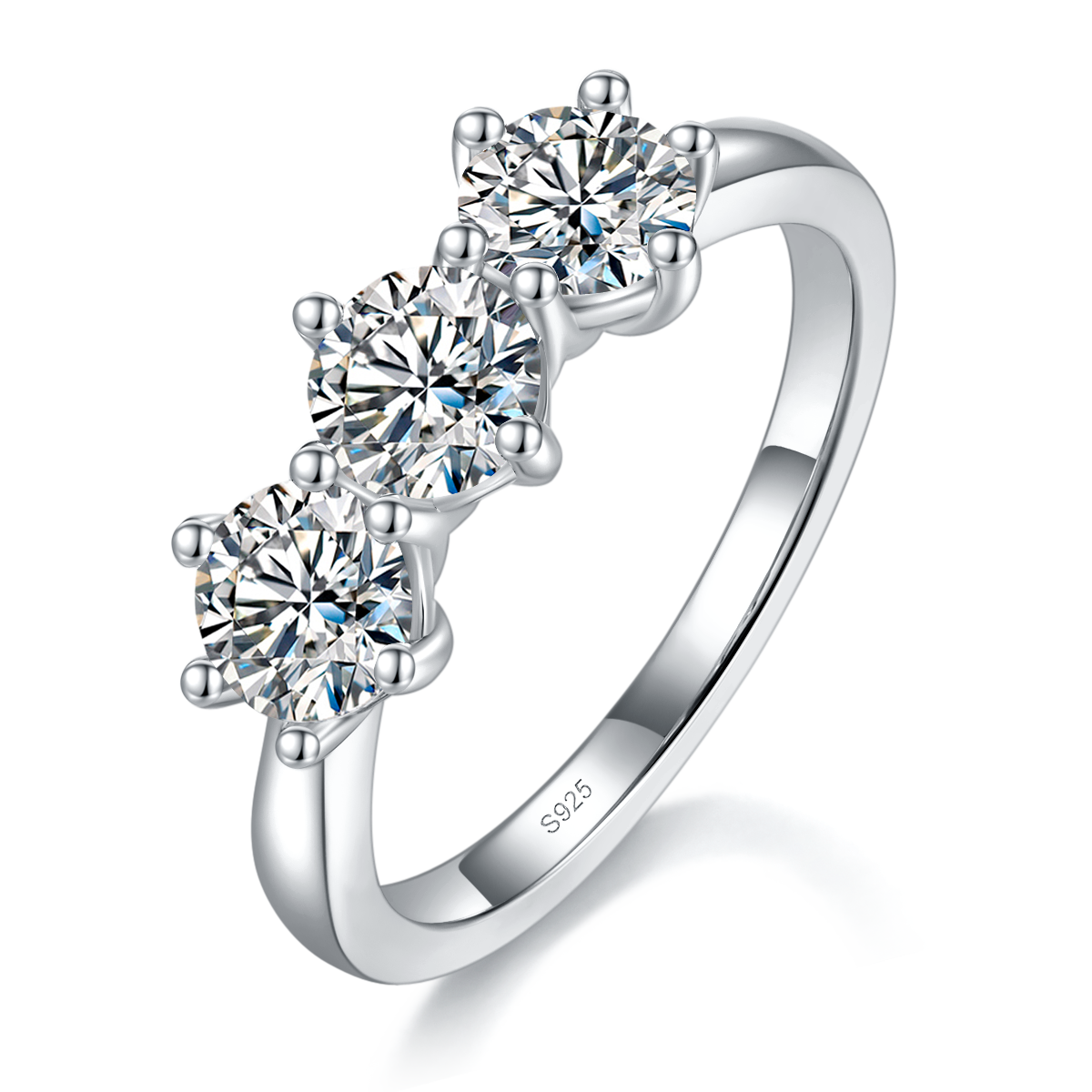 三石款圆钻女戒S925银镀白金定制选款主副石莫桑钻1.5ct