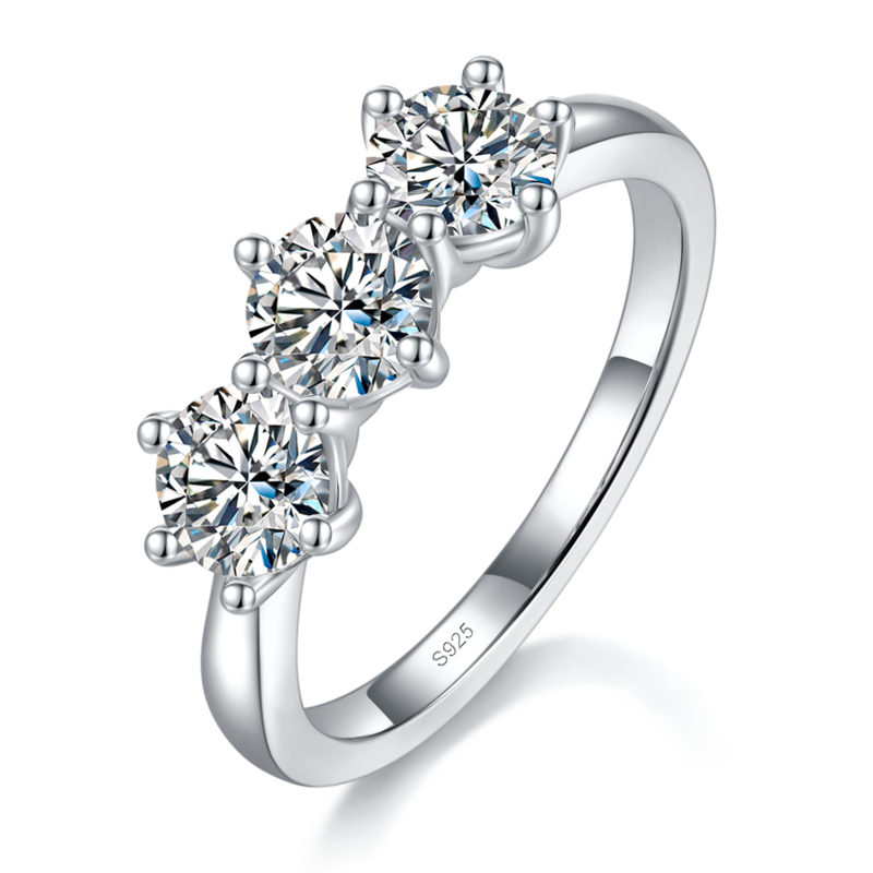 三石款圆钻女戒S925银镀白金定制选款主副石莫桑钻1.5ct