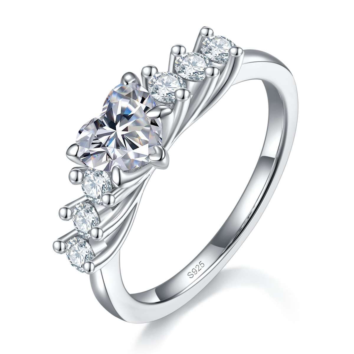 心形钻女戒S925银镀白金定制选款主石莫桑钻1.0ct/副石高碳钻