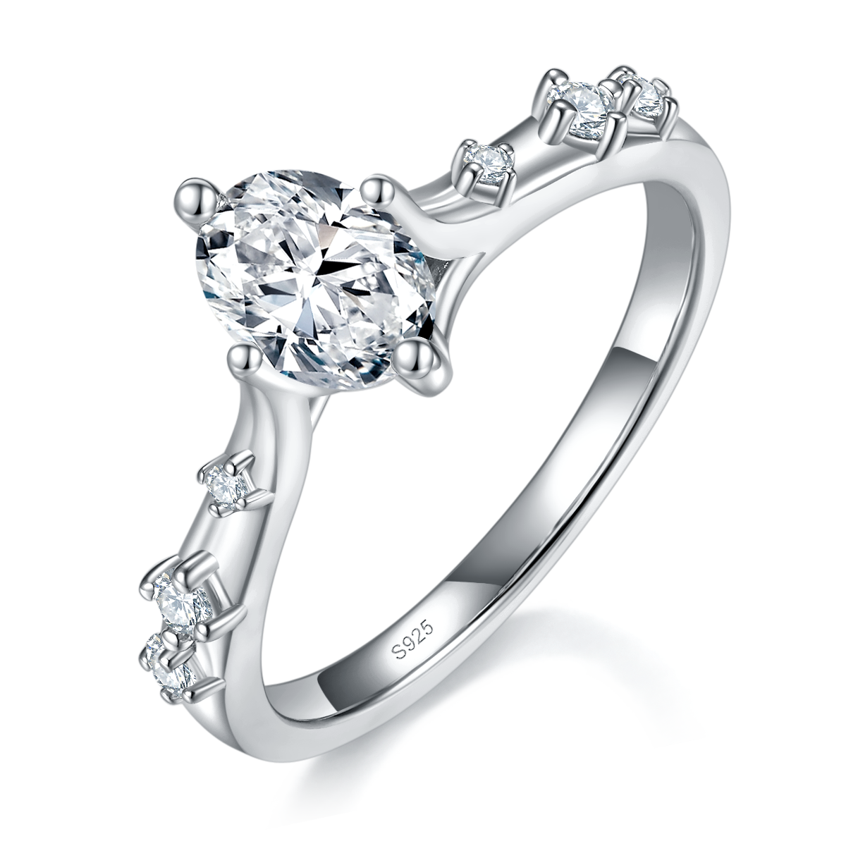 蛋形女戒S925银镀白金定制选款主石莫桑钻1.0ct/副石高碳钻