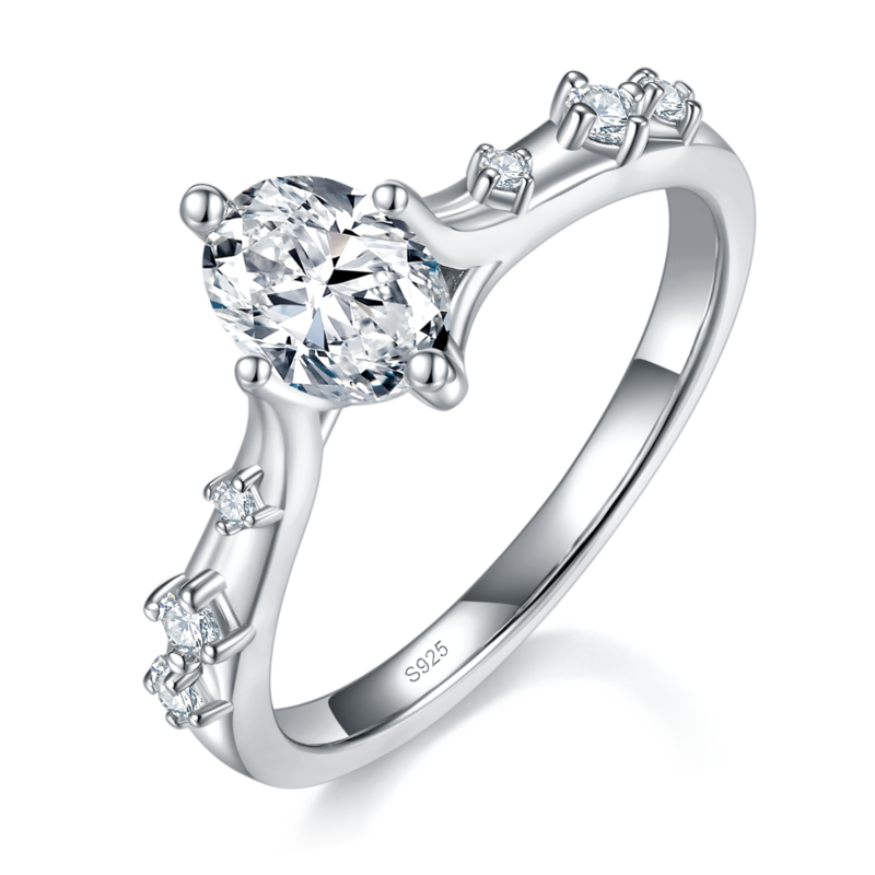 蛋形Women's RingS925银镀白金定制选款主石Moissanite1.0ct/副石高碳钻