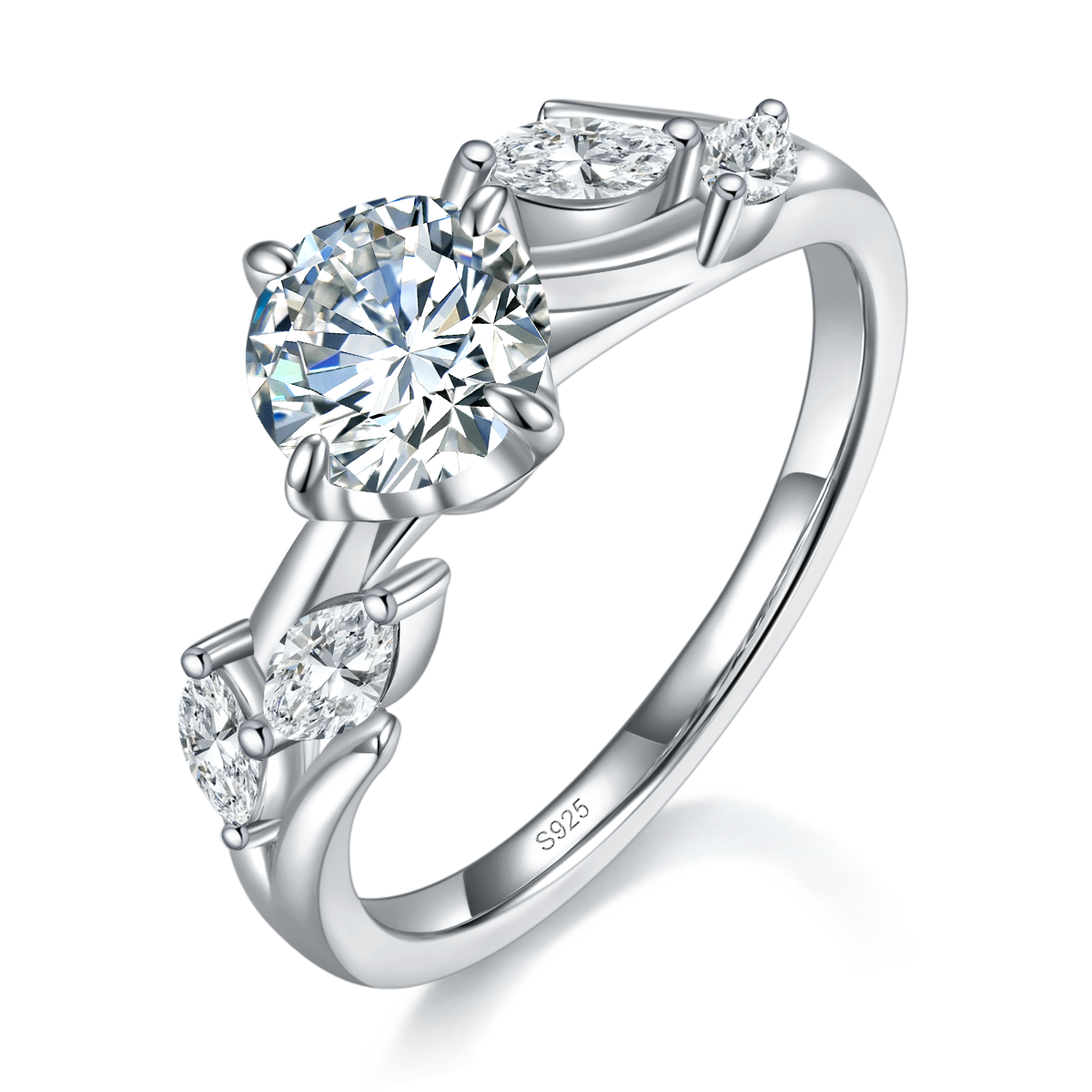 Fashion Four Claw Women's Ring S925 Silver Plated Platinum Customized Selection Main Stone Moissanite 1.0ct/Side Stone Cubic Zirconia