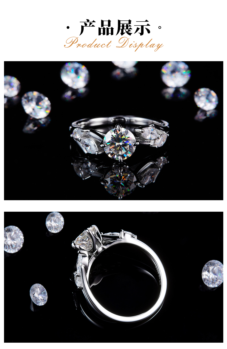 时尚四爪女戒S925银镀白金定制选款主石莫桑钻1.0ct/副石高碳钻 - 3