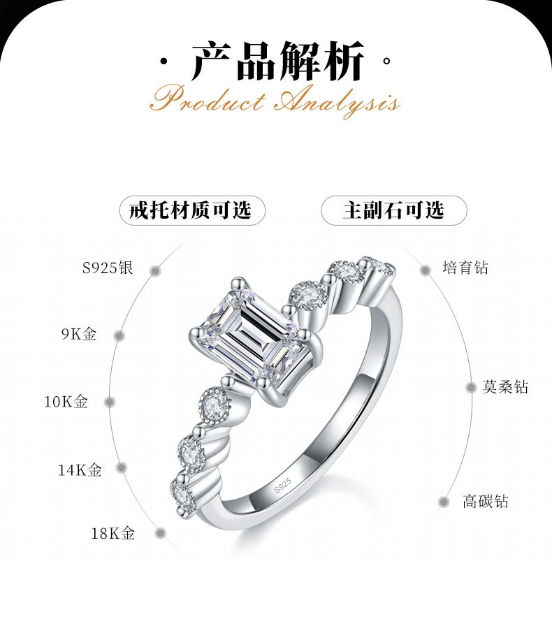 小方钻女戒S925银镀白金定制选款主石莫桑钻1.0ct/副石高碳钻 - 2