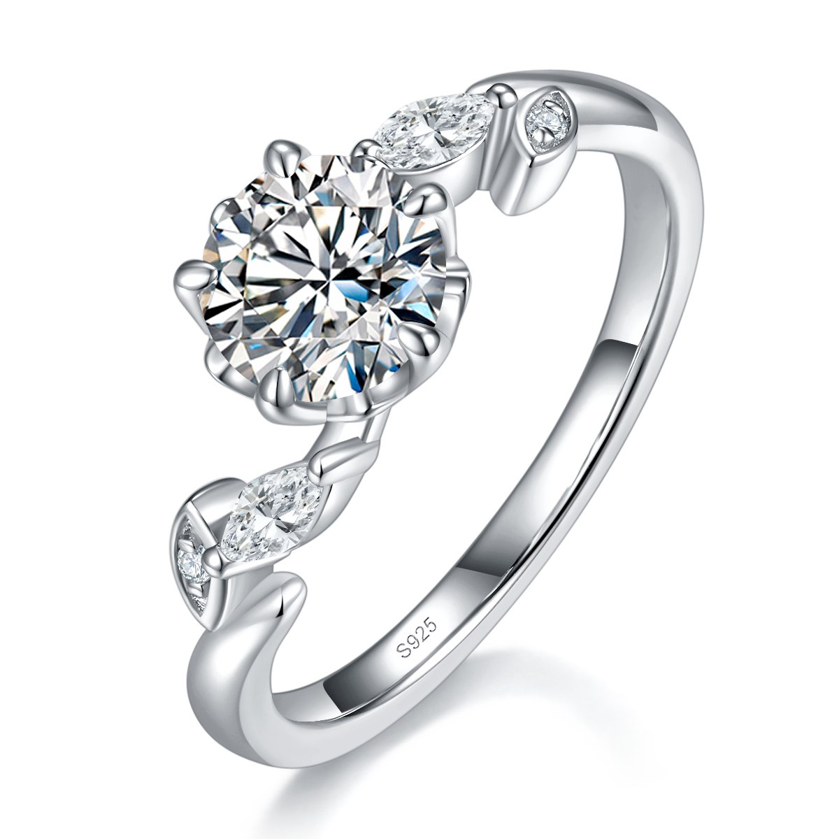 Twisted arm flower bud women's ring S925 silver plated platinum custom selection main stone Moissanite 1.0ct/Side Stone Cubic Zirconia