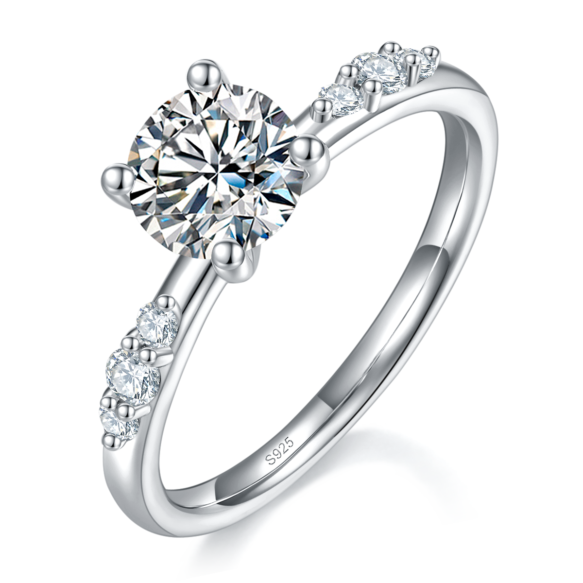 Four Claw Round Diamond Women's Ring S925 Silver Plated Platinum Customized Selection Main Stone Moissanite 1.0ct/Side Stone Cubic Zirconia