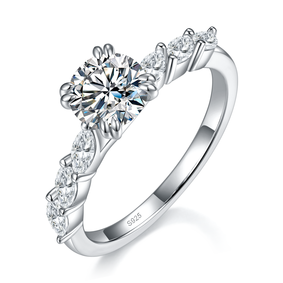 Fashion Round Diamond Women's Ring S925 Silver Plated Platinum Customized Selection Main Stone Moissanite 1.0ct/Side Stone Cubic Zirconia