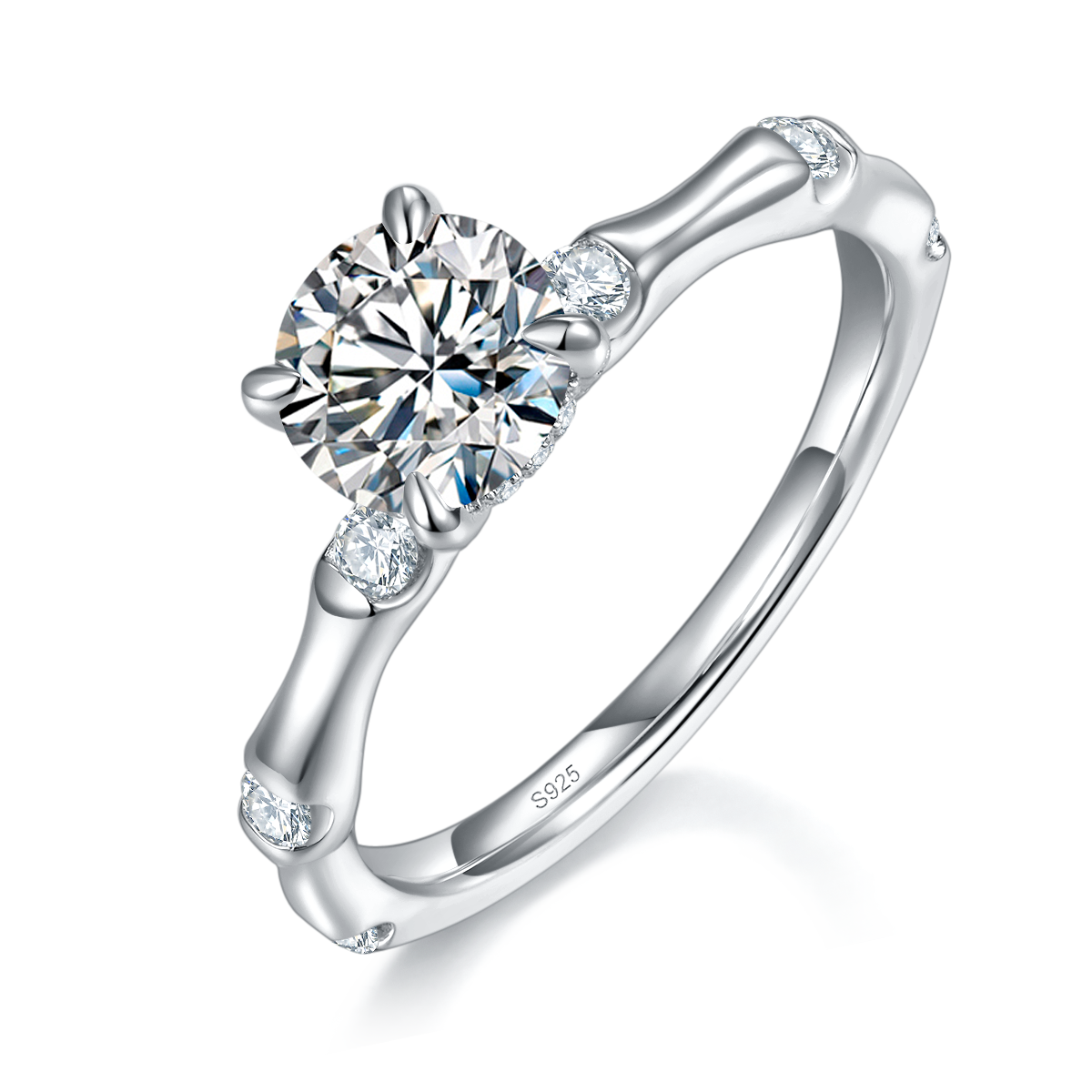 竹节臂四爪女戒S925银镀白金定制选款主石莫桑钻1.0ct/副石高碳钻
