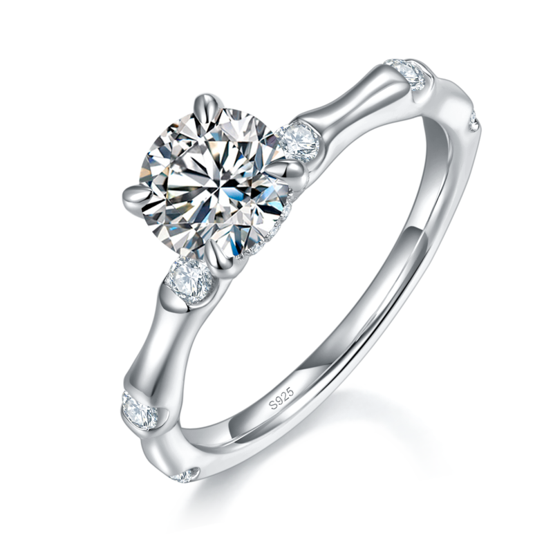 竹节臂四爪Women's RingS925银镀白金定制选款主石Moissanite1.0ct/副石高碳钻